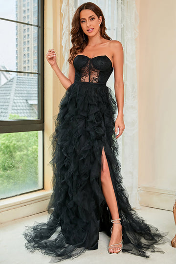 Strapless Black Corset Ball Dress with Slit